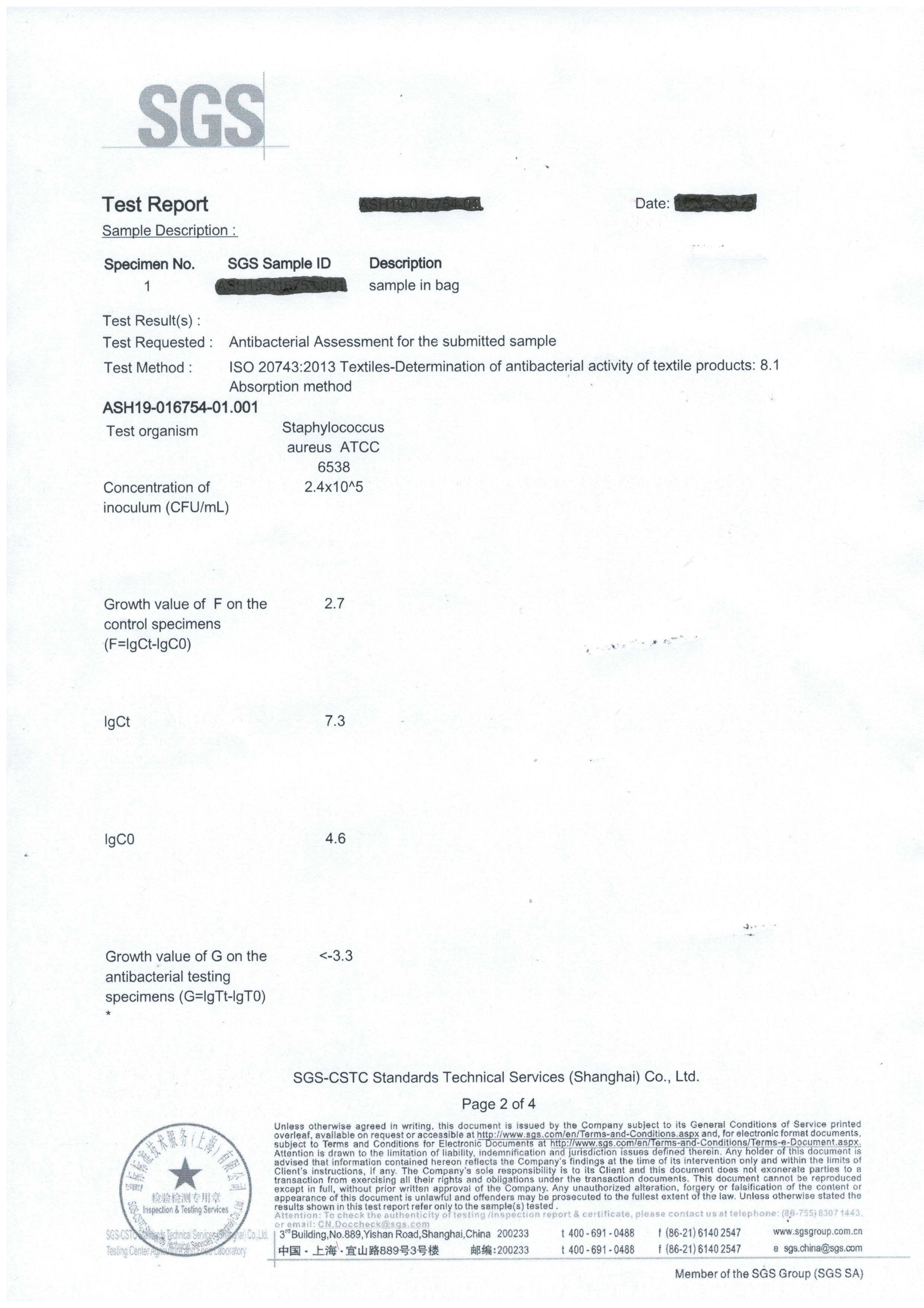 SGS ISO 20743 antibacterial assessment report page showing test method and Staphylococcus aureus ATCC 6538 organism.