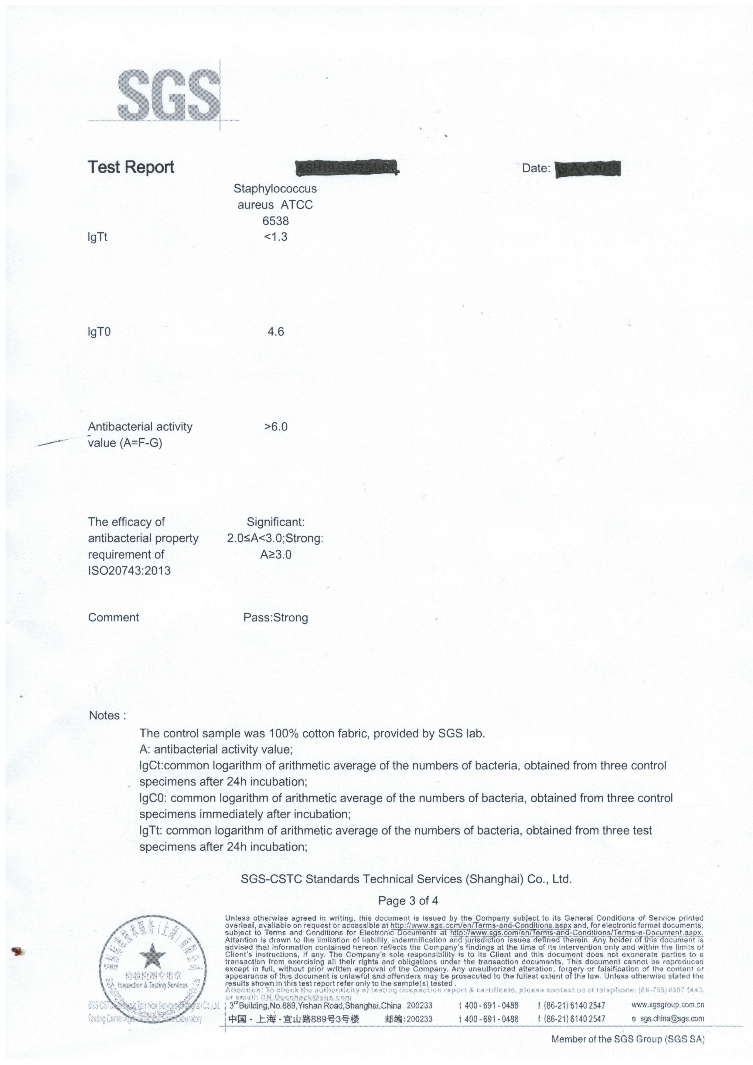 SGS ISO 20743 antibacterial assessment report page showing antibacterial activity value greater than 6.0 and Pass Strong comment.
