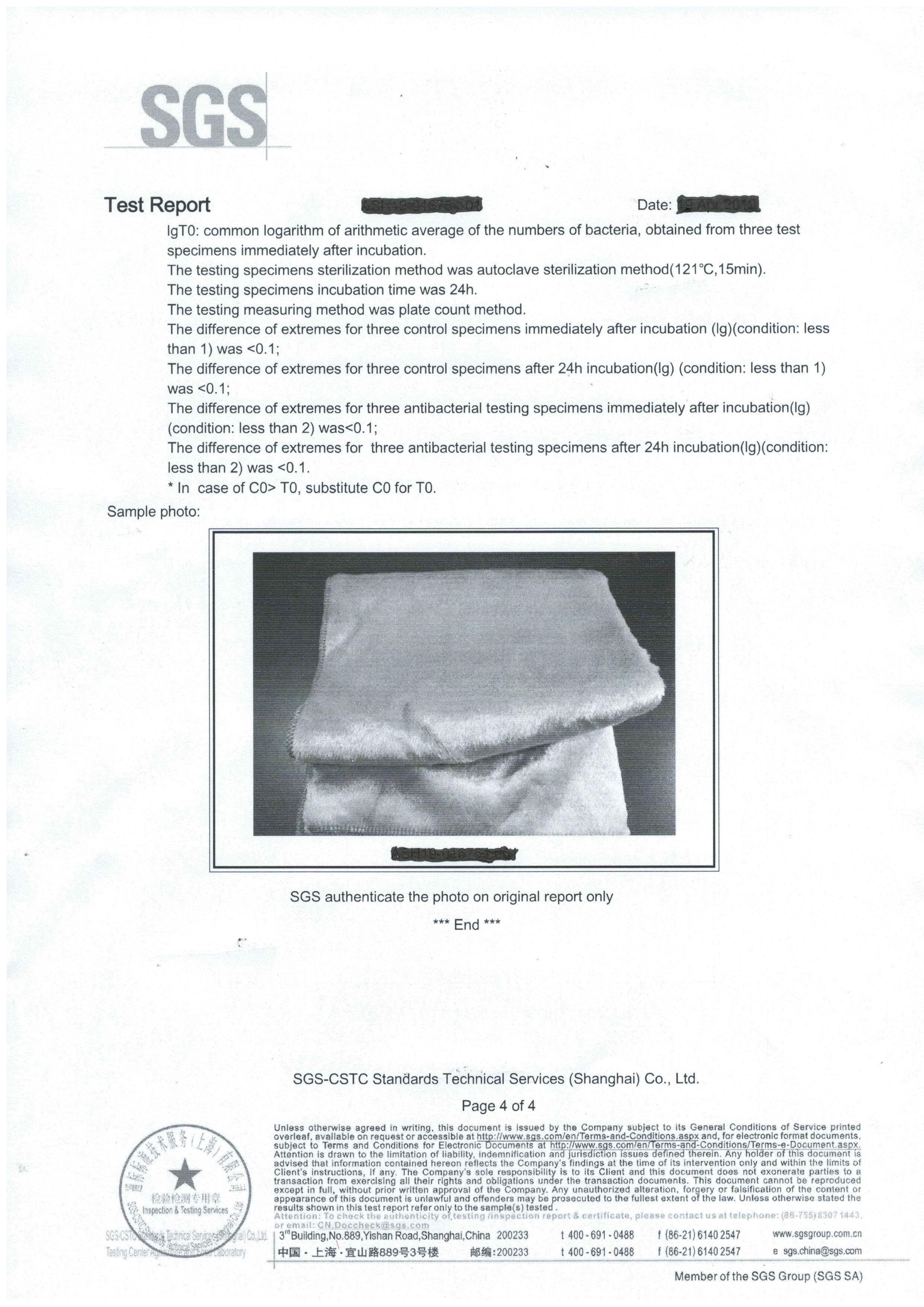 SGS ISO 20743 antibacterial assessment report page showing notes and submitted sample photo.