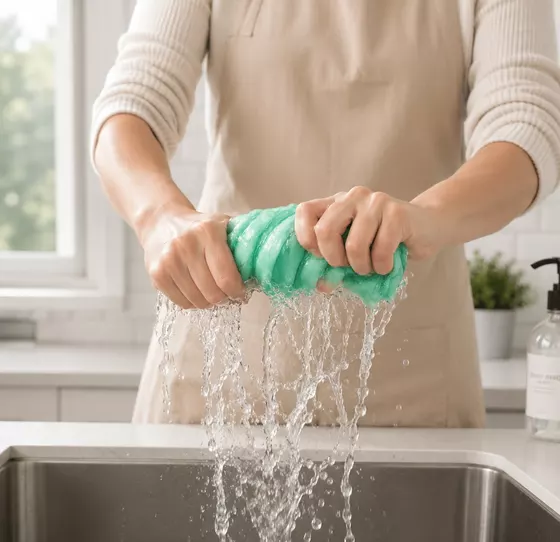 Absorbent cleaning cloth picking up moisture during a product performance demo.