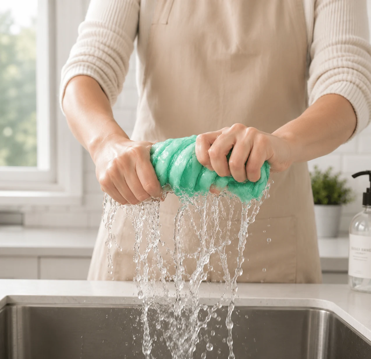 Absorbent cleaning cloth picking up moisture during a product performance demo.