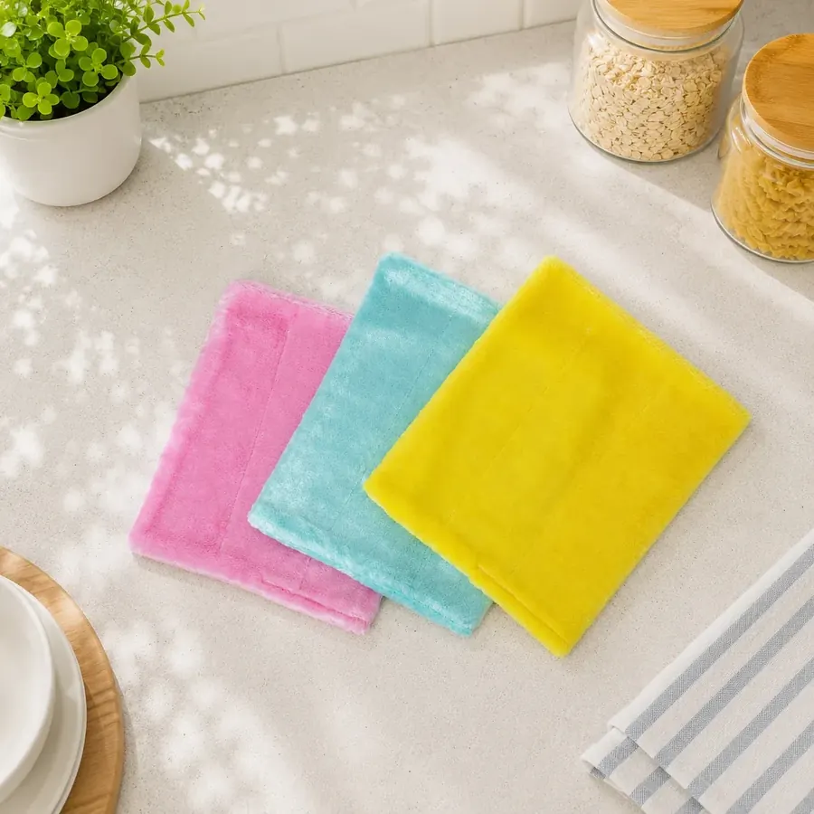 Dishcloth wiping oily residue to demonstrate grease removal performance.