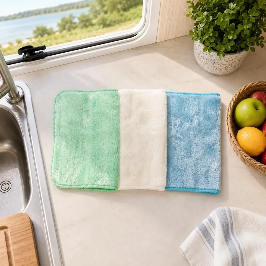 Rounded corner cleaning cloths arranged in OEM color options for brand selection.